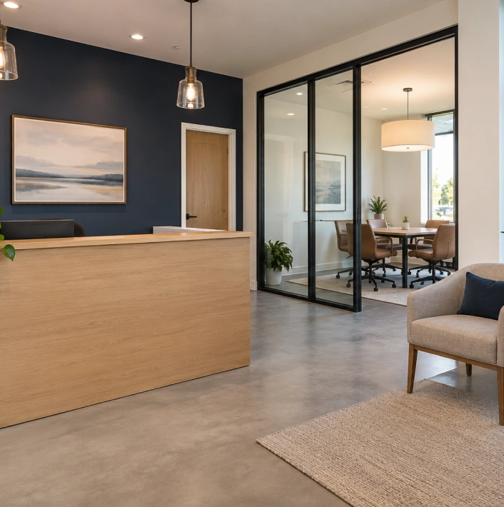 Concept reception area with navy walls and timber finishes